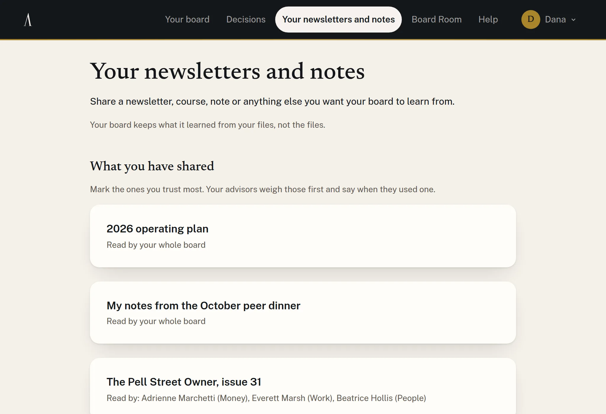 The newsletters, notes and documents a fictional member has shared with her board.